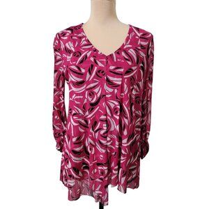 ALFANI Size M Raspberry Pink, White Black V-Neck Asymmetrical Hem Semi Sheer Top